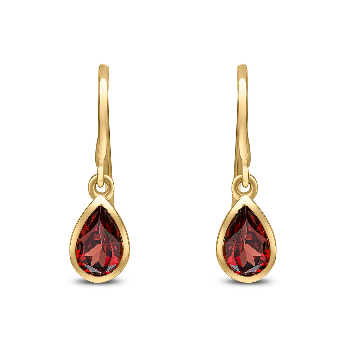 9ct Yellow Gold Pear Shaped Natural Garnet Rubover Wire Hook Drop Earrings — 6x4mm