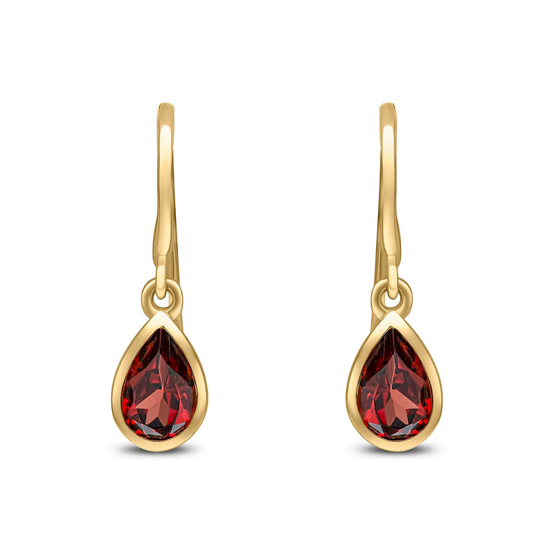 9ct Yellow Gold Pear Shaped Natural Garnet Rubover Wire Hook Drop Earrings — 6x4mm