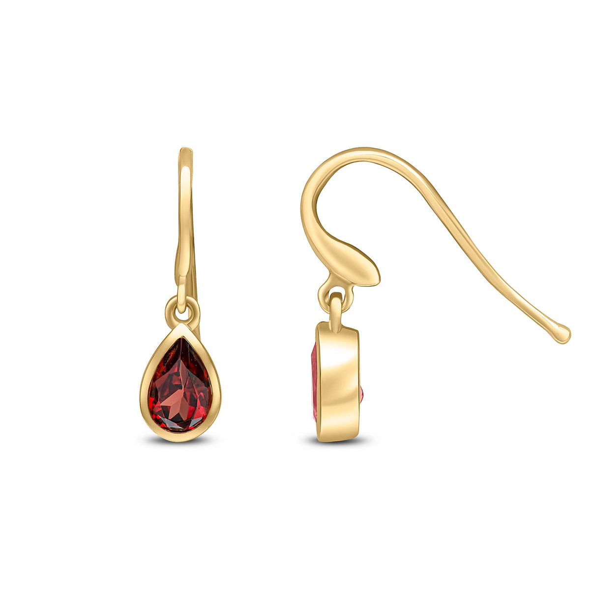 9ct Yellow Gold Pear Shaped Natural Garnet Rubover Wire Hook Drop Earrings — 6x4mm