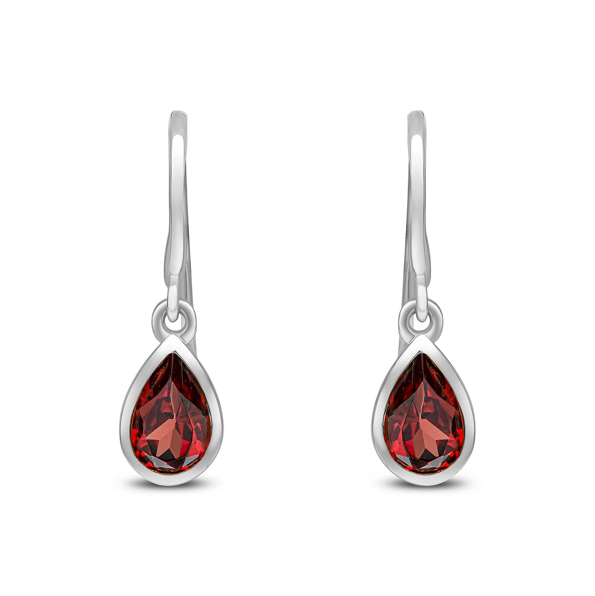 9ct White Gold Pear Shaped Natural Garnet Rubover Wire Hook Drop Earrings — 6x4mm