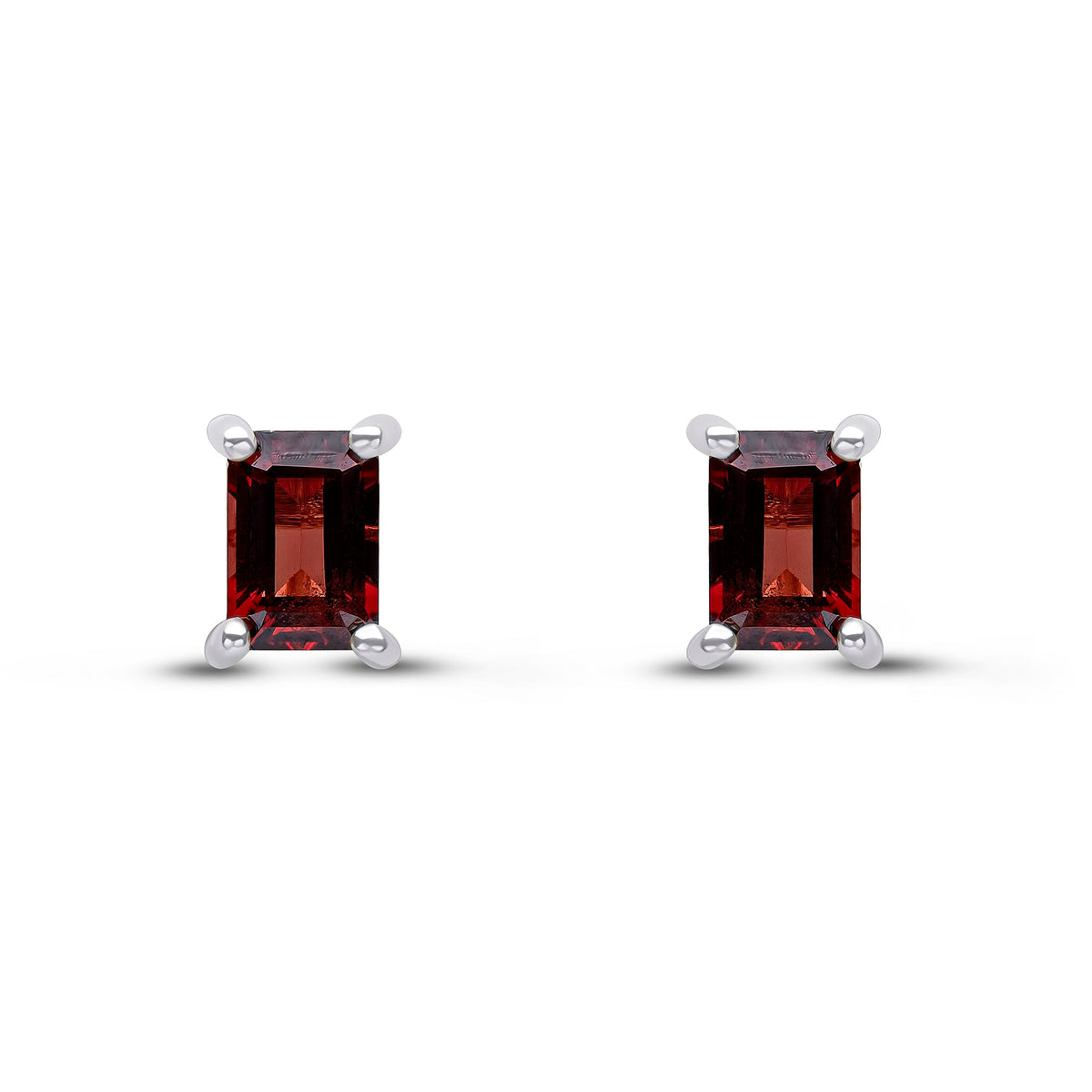 9ct White Gold Octagon Emerald Cut Natural Garnet Claw Stud Earrings — 6x4mm