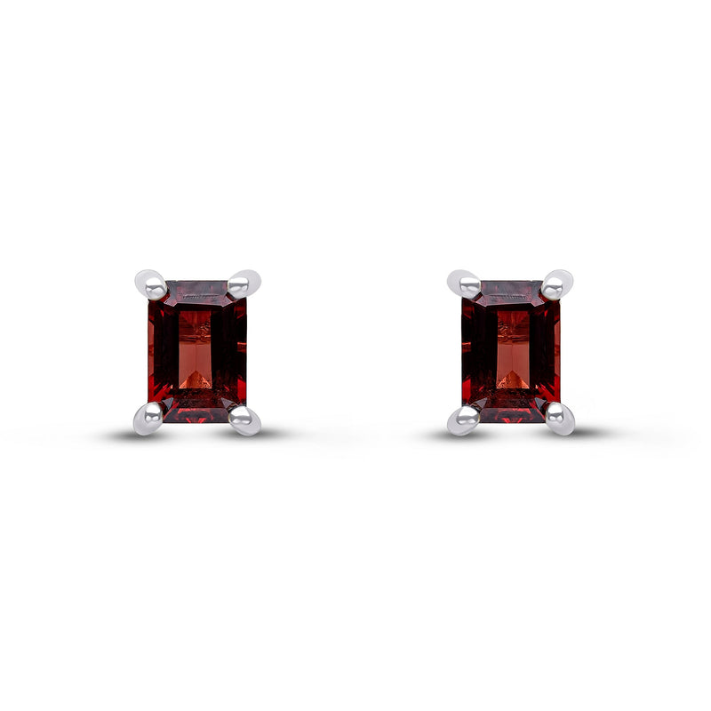 9ct White Gold Octagon Emerald Cut Natural Garnet Claw Stud Earrings — 6x4mm