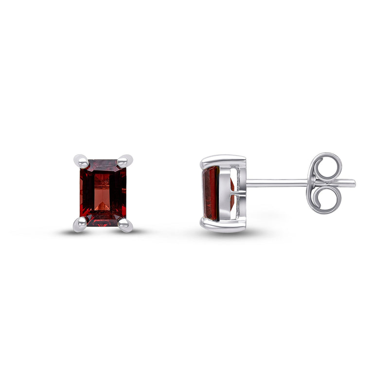 9ct White Gold Octagon Emerald Cut Natural Garnet Claw Stud Earrings — 6x4mm