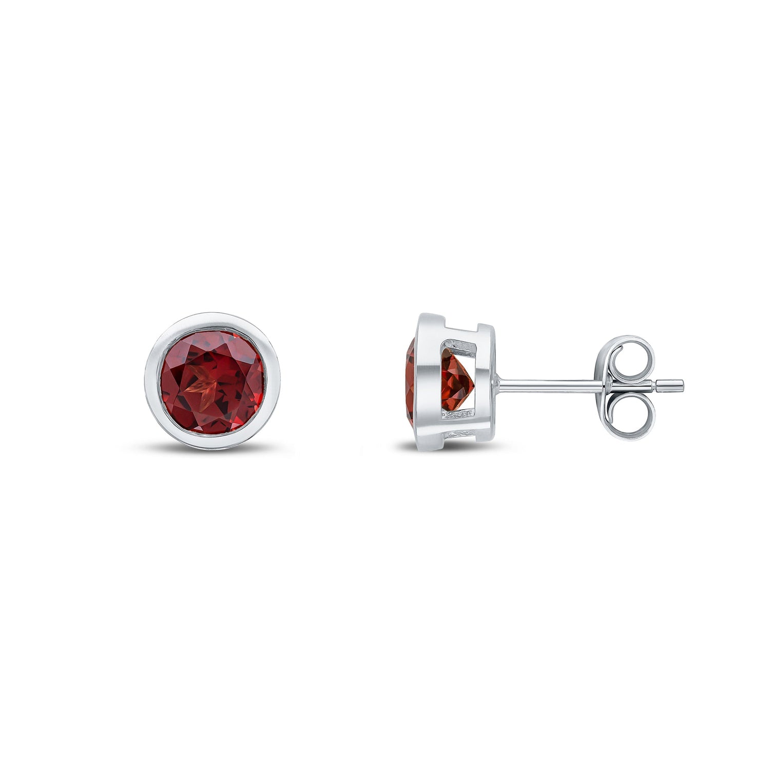 9ct White Gold Round Natural Garnet Rubover Stud Earrings — 6mm