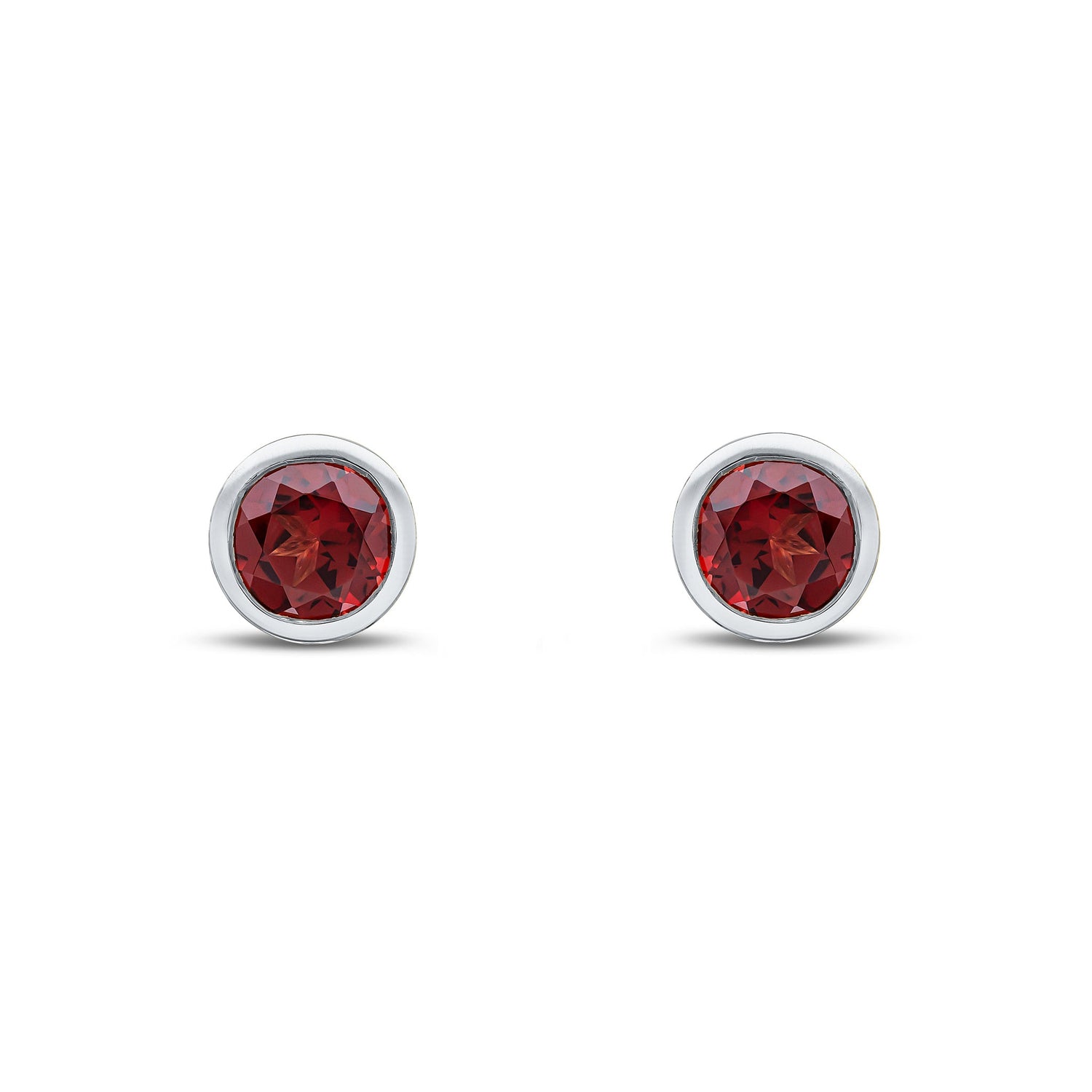 9ct White Gold Round Natural Garnet Rubover Stud Earrings — 6mm