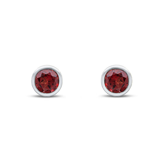 9ct White Gold Round Natural Garnet Rubover Stud Earrings — 6mm