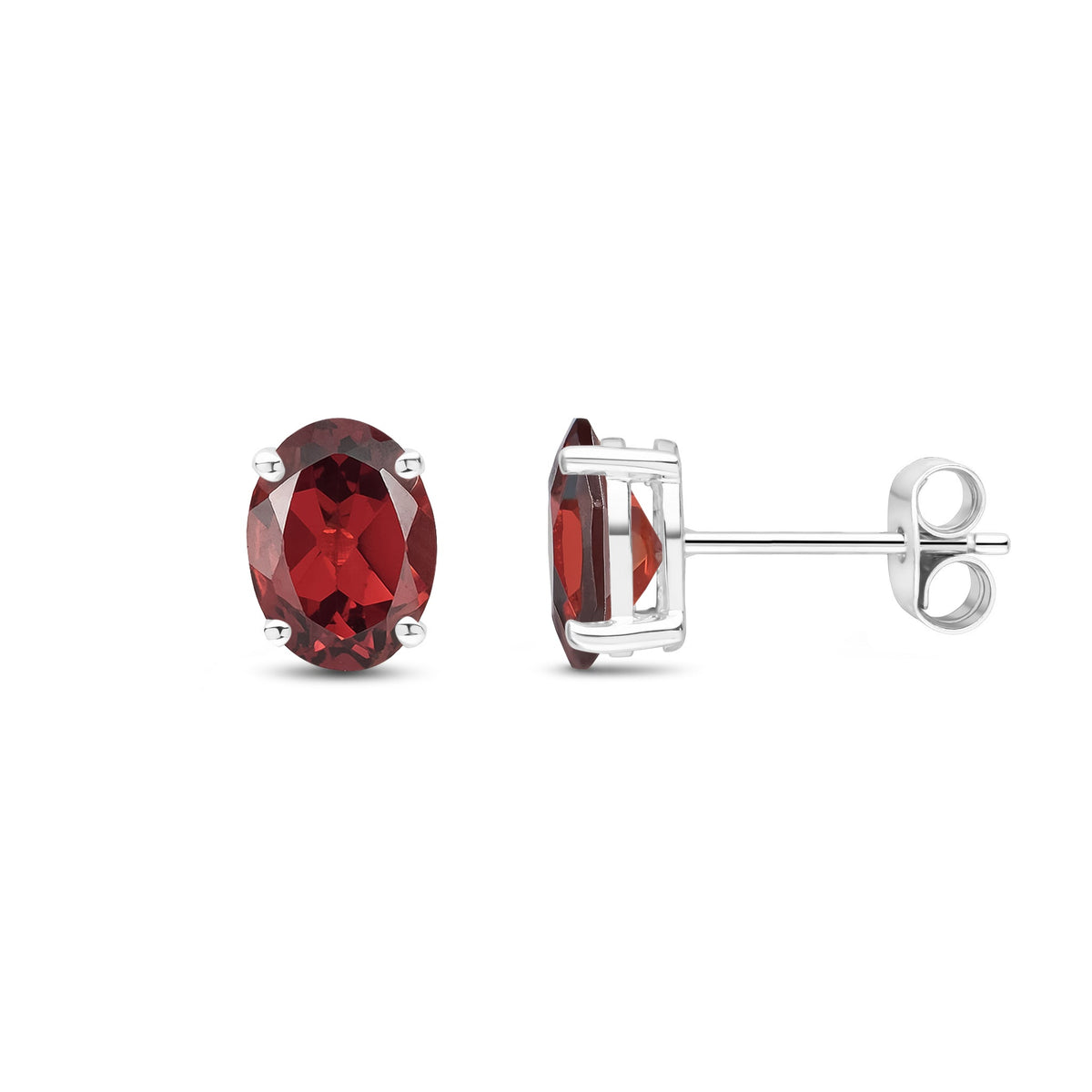 9ct White Gold Oval Natural Garnet Claw Stud Earrings — 8x6mm