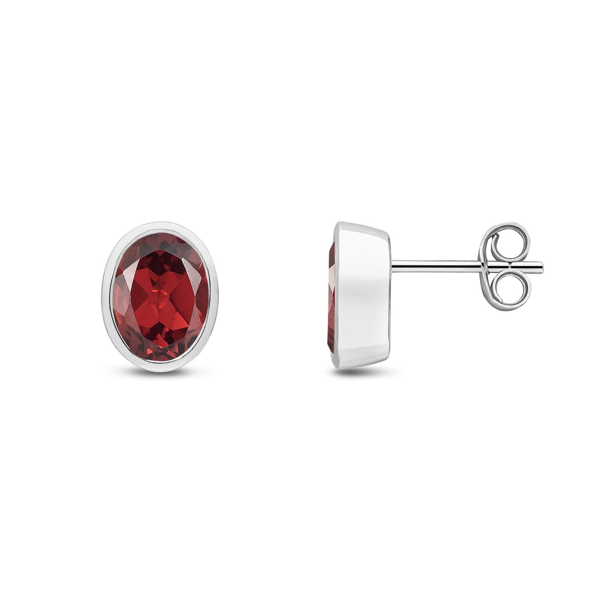 9ct White Gold Oval Natural Garnet Rubover Stud Earrings — 8x6mm
