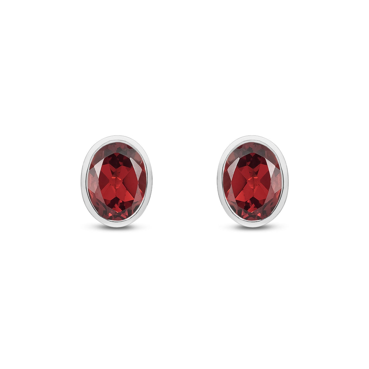 9ct White Gold Oval Natural Garnet Rubover Stud Earrings — 8x6mm
