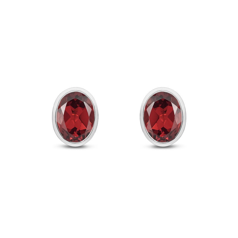 9ct White Gold Oval Natural Garnet Rubover Stud Earrings — 8x6mm