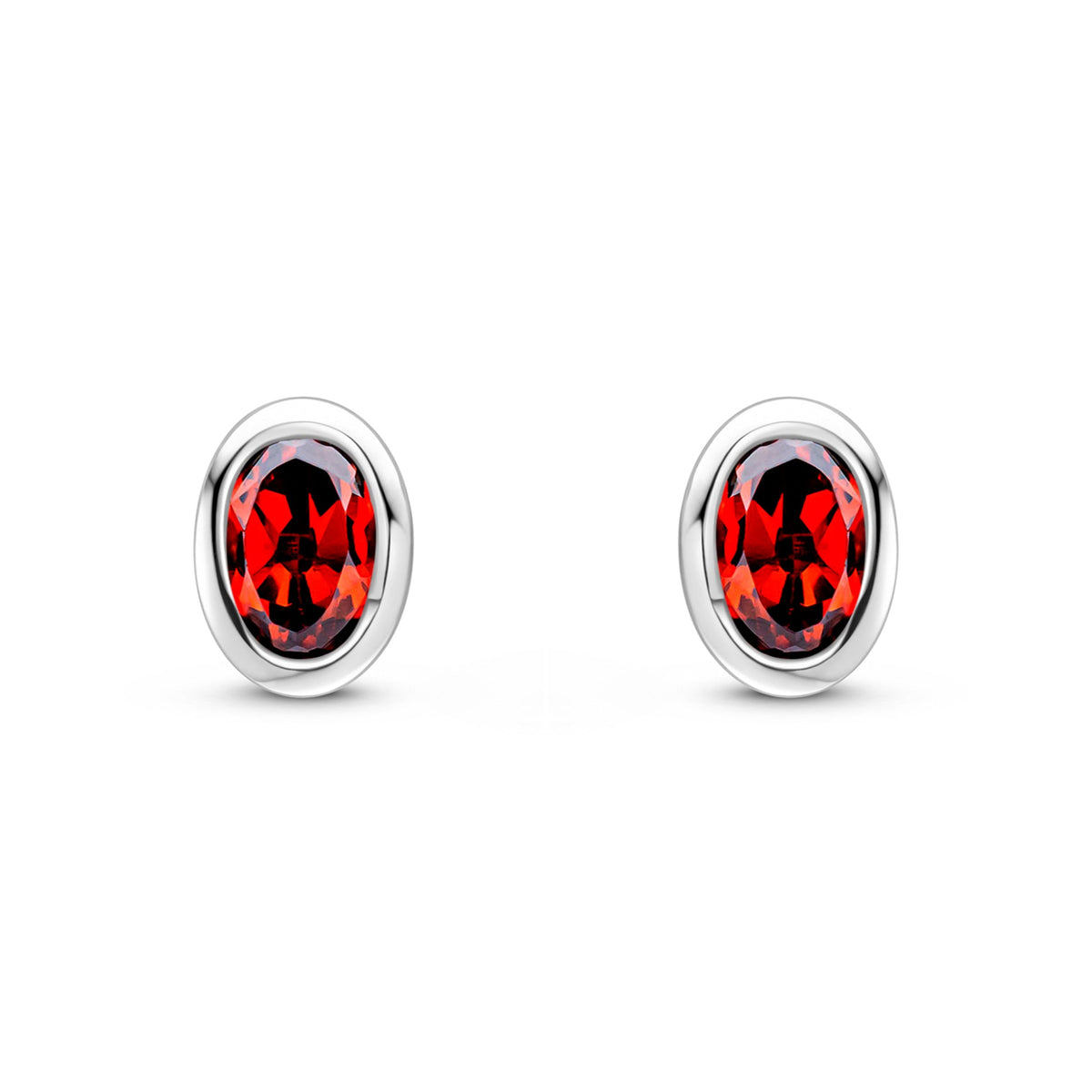 9ct White Gold Oval Natural Garnet Rubover Stud Earrings — 4x3mm