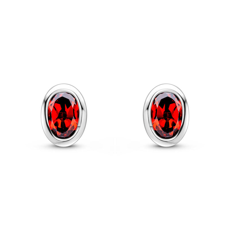 9ct White Gold Oval Natural Garnet Rubover Stud Earrings — 4x3mm