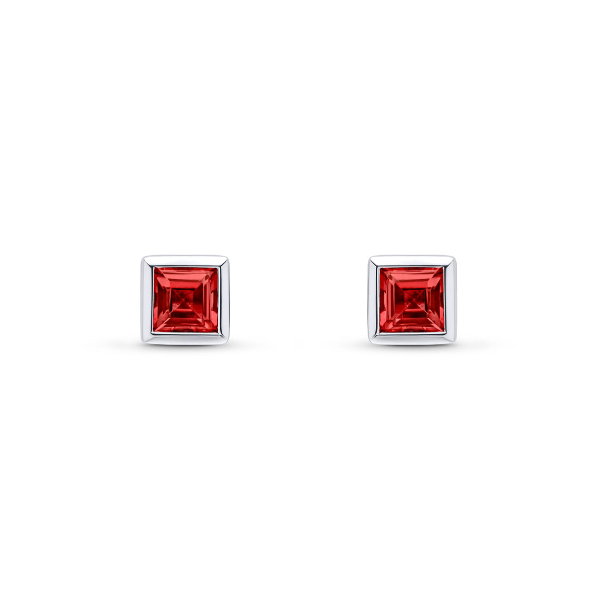 9ct White Gold Square Natural Garnet Rubover Stud Earrings — 4mm
