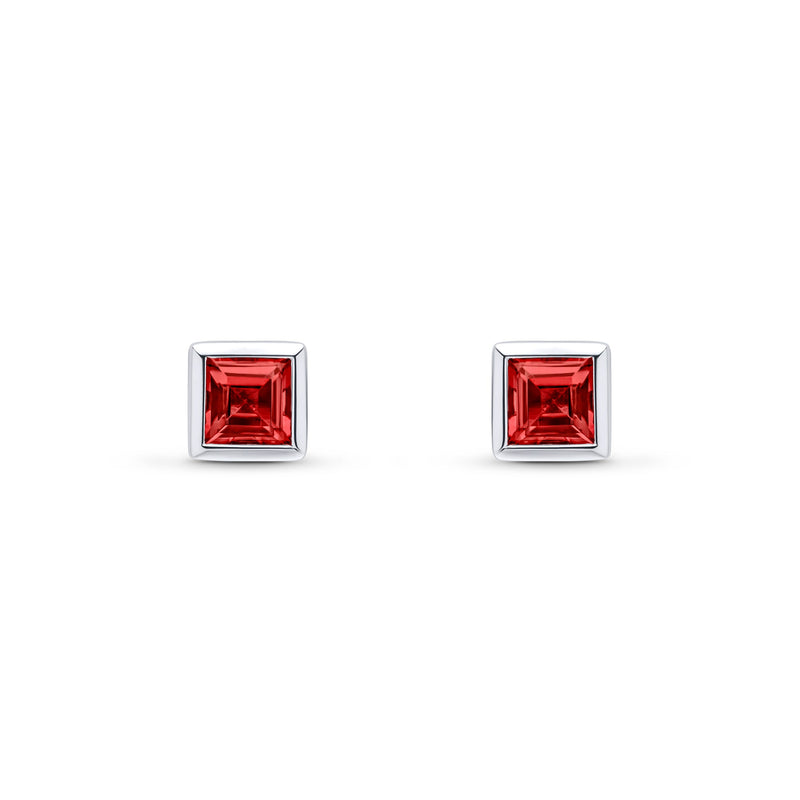 9ct White Gold Square Natural Garnet Rubover Stud Earrings — 4mm