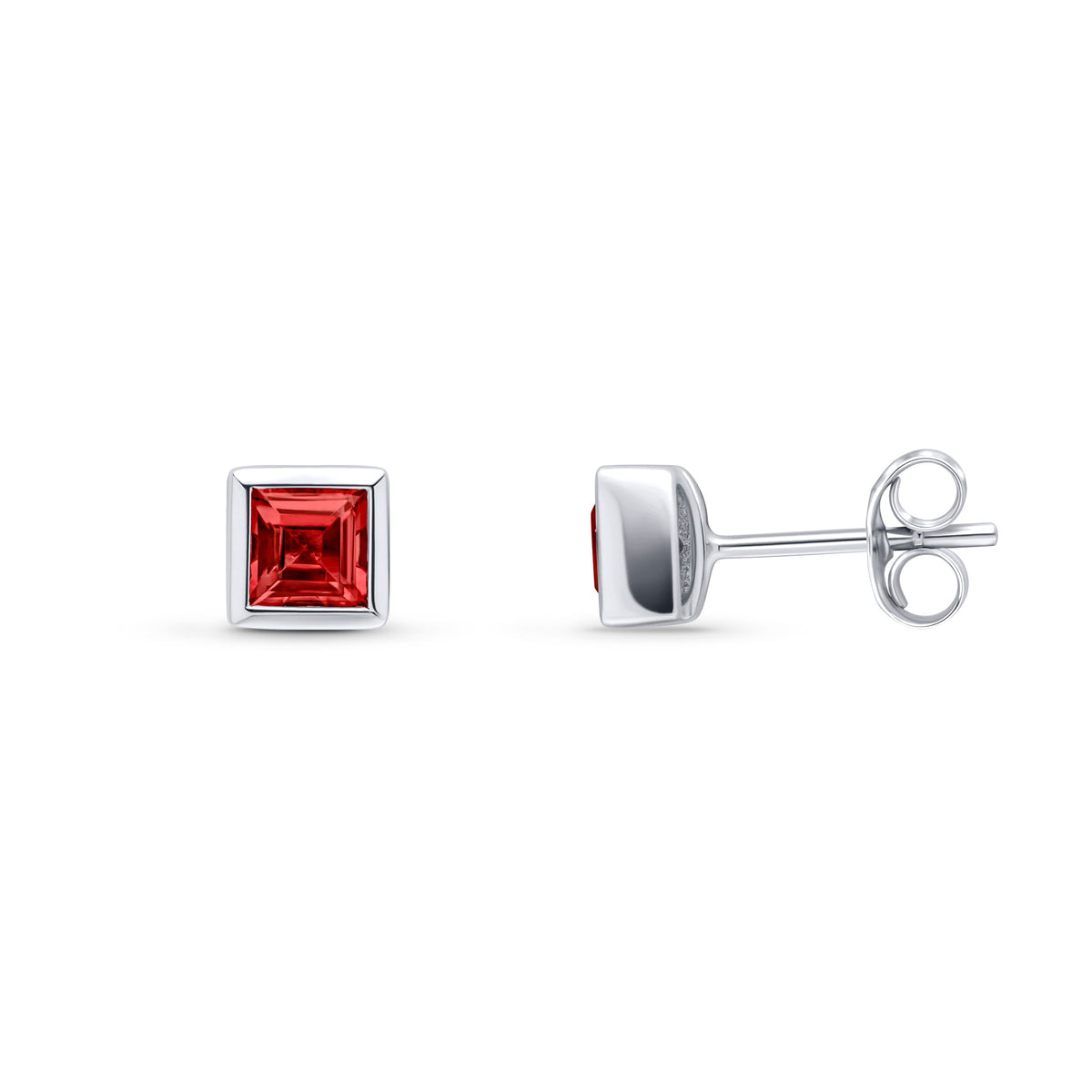 9ct White Gold Square Natural Garnet Rubover Stud Earrings — 4mm