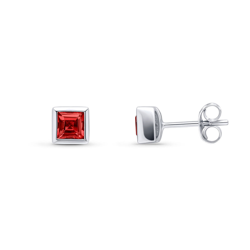 9ct White Gold Square Natural Garnet Rubover Stud Earrings — 4mm