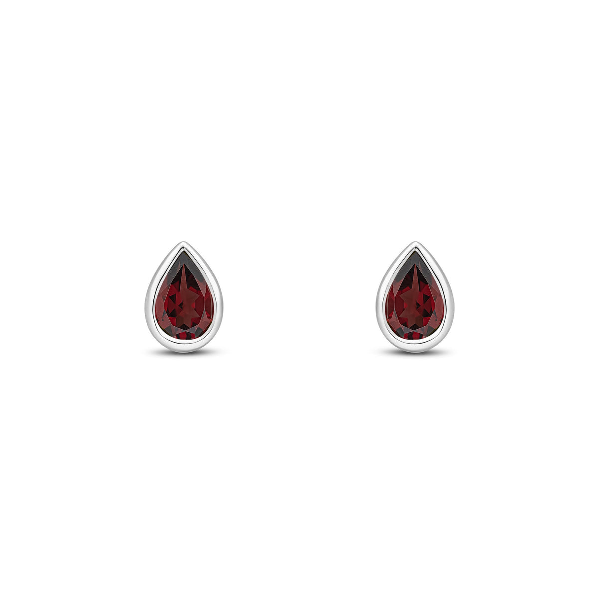 9ct White Gold Pear Shaped Natural Garnet Rubover Stud Earrings — 6x4mm