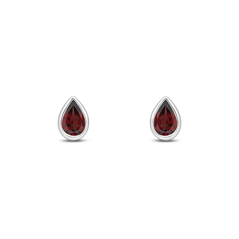 9ct White Gold Pear Shaped Natural Garnet Rubover Stud Earrings — 6x4mm