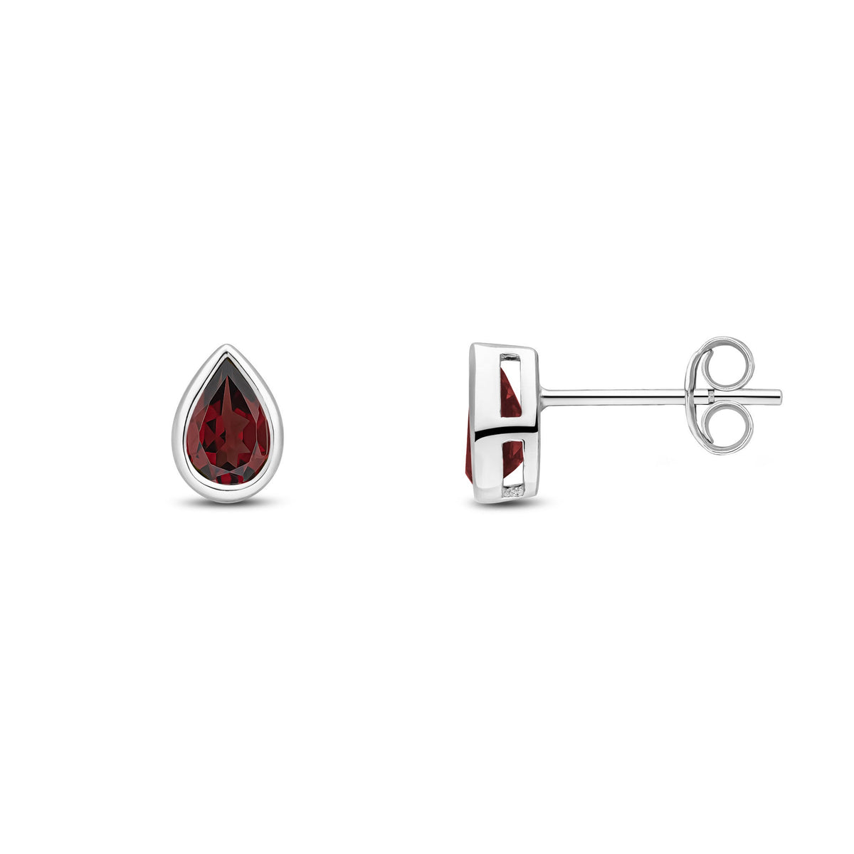 9ct White Gold Pear Shaped Natural Garnet Rubover Stud Earrings — 6x4mm
