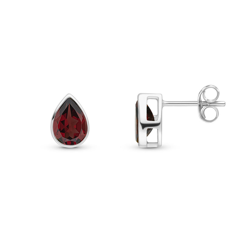 9ct White Gold Pear Shaped Natural Garnet Rubover Stud Earrings — 7x5mm