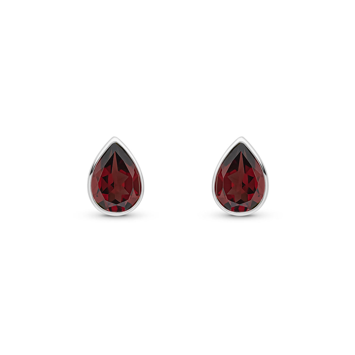 9ct White Gold Pear Shaped Natural Garnet Rubover Stud Earrings — 7x5mm