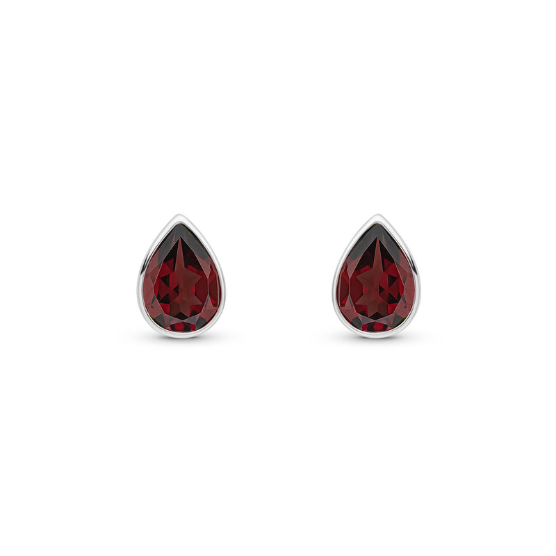 9ct White Gold Pear Shaped Natural Garnet Rubover Stud Earrings — 7x5mm