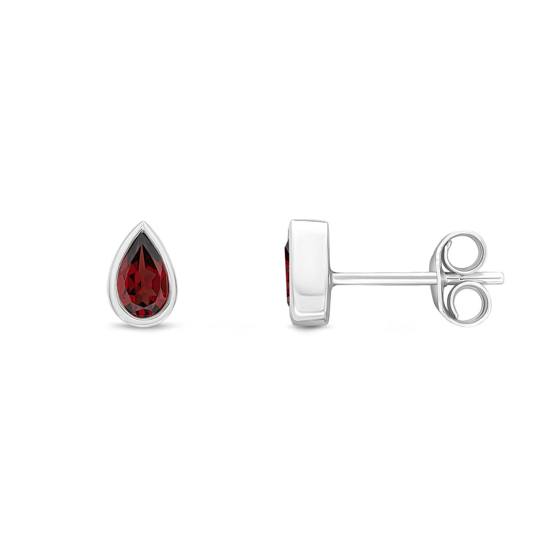 9ct White Gold Pear Shaped Natural Garnet Rubover Stud Earrings — 5x3mm