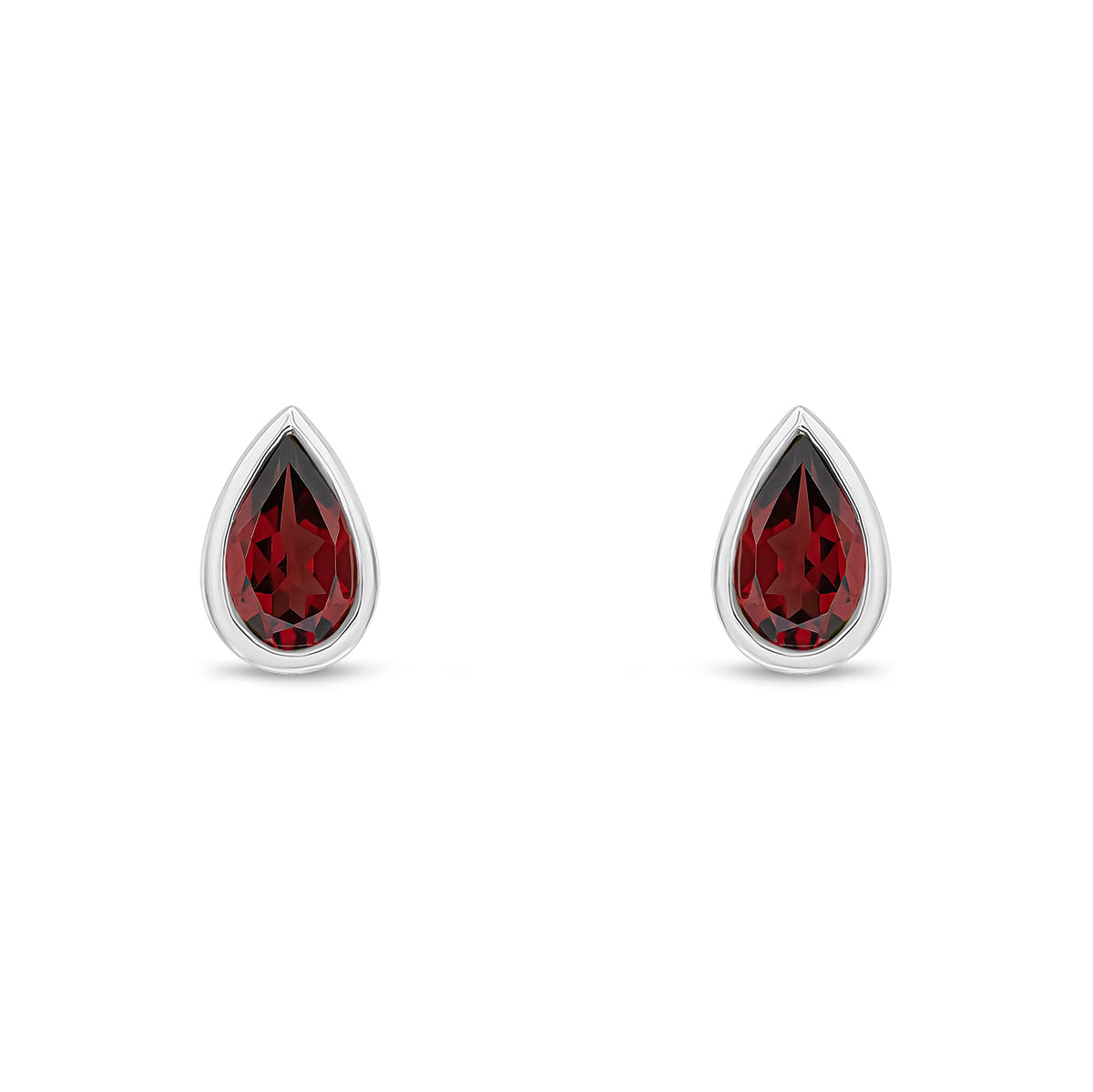 9ct White Gold Pear Shaped Natural Garnet Rubover Stud Earrings — 5x3mm