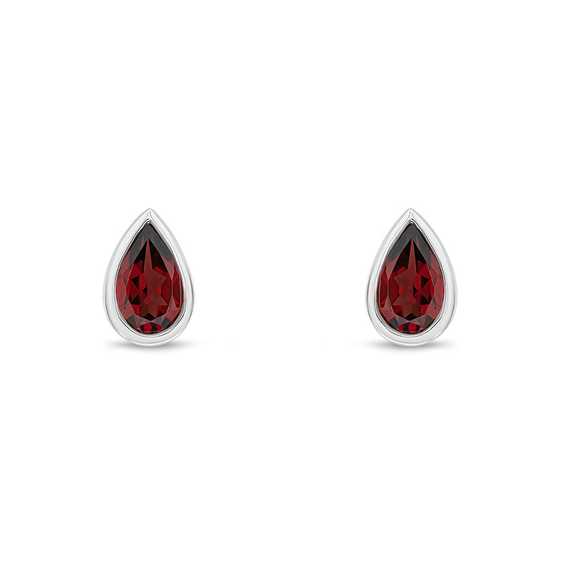 9ct White Gold Pear Shaped Natural Garnet Rubover Stud Earrings — 5x3mm