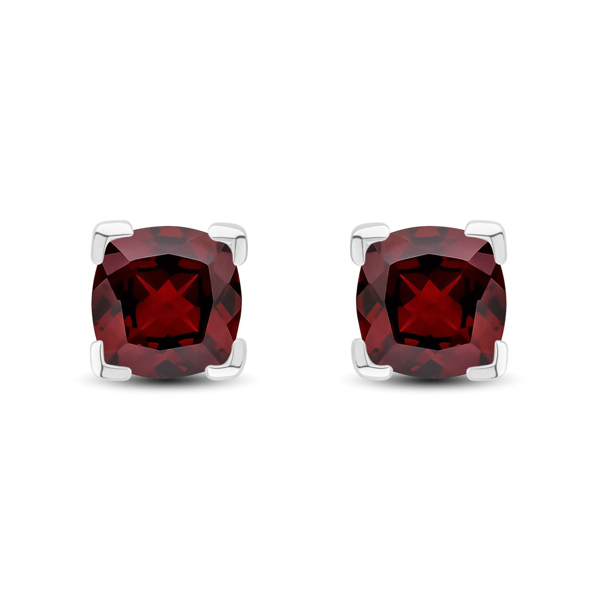 9ct White Gold Cushion Natural Garnet Claw Stud Earrings — 6mm