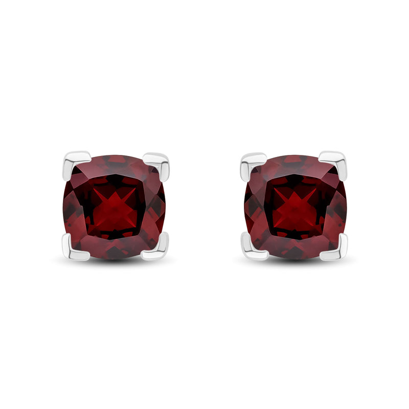 9ct White Gold Cushion Natural Garnet Claw Stud Earrings — 6mm