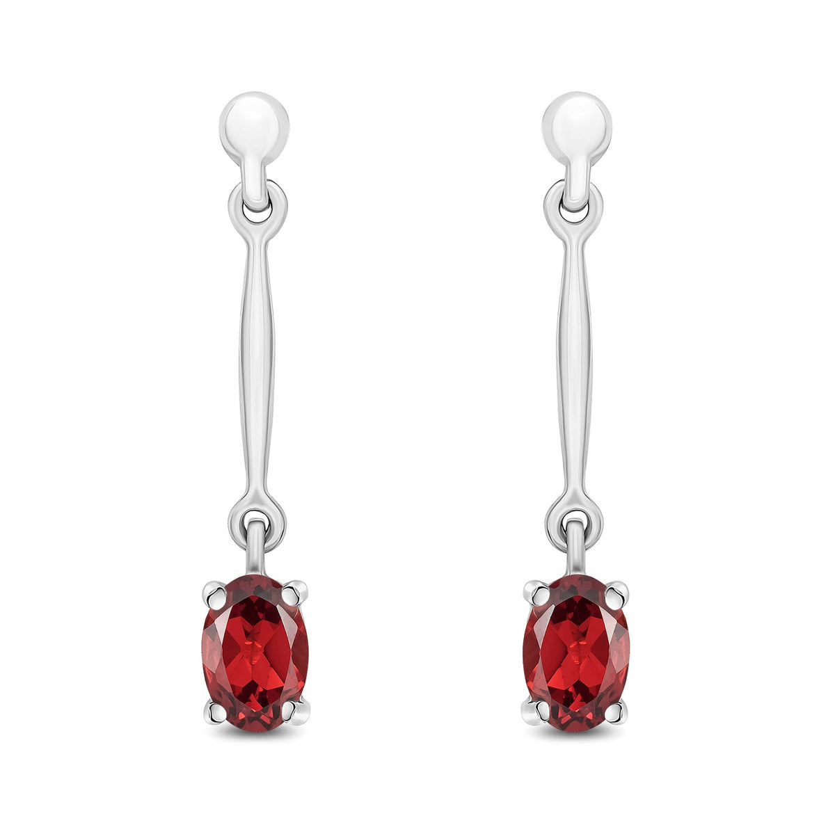 9ct White Gold Oval Natural Garnet Claw Bar Drop Earrings — 6x4mm