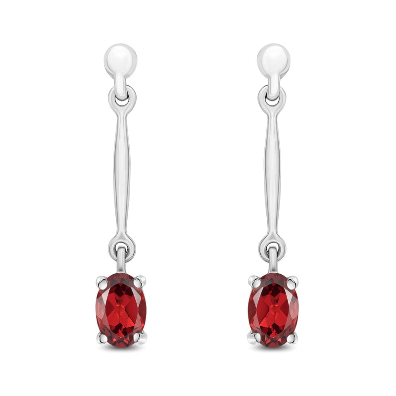 9ct White Gold Oval Natural Garnet Claw Bar Drop Earrings — 6x4mm