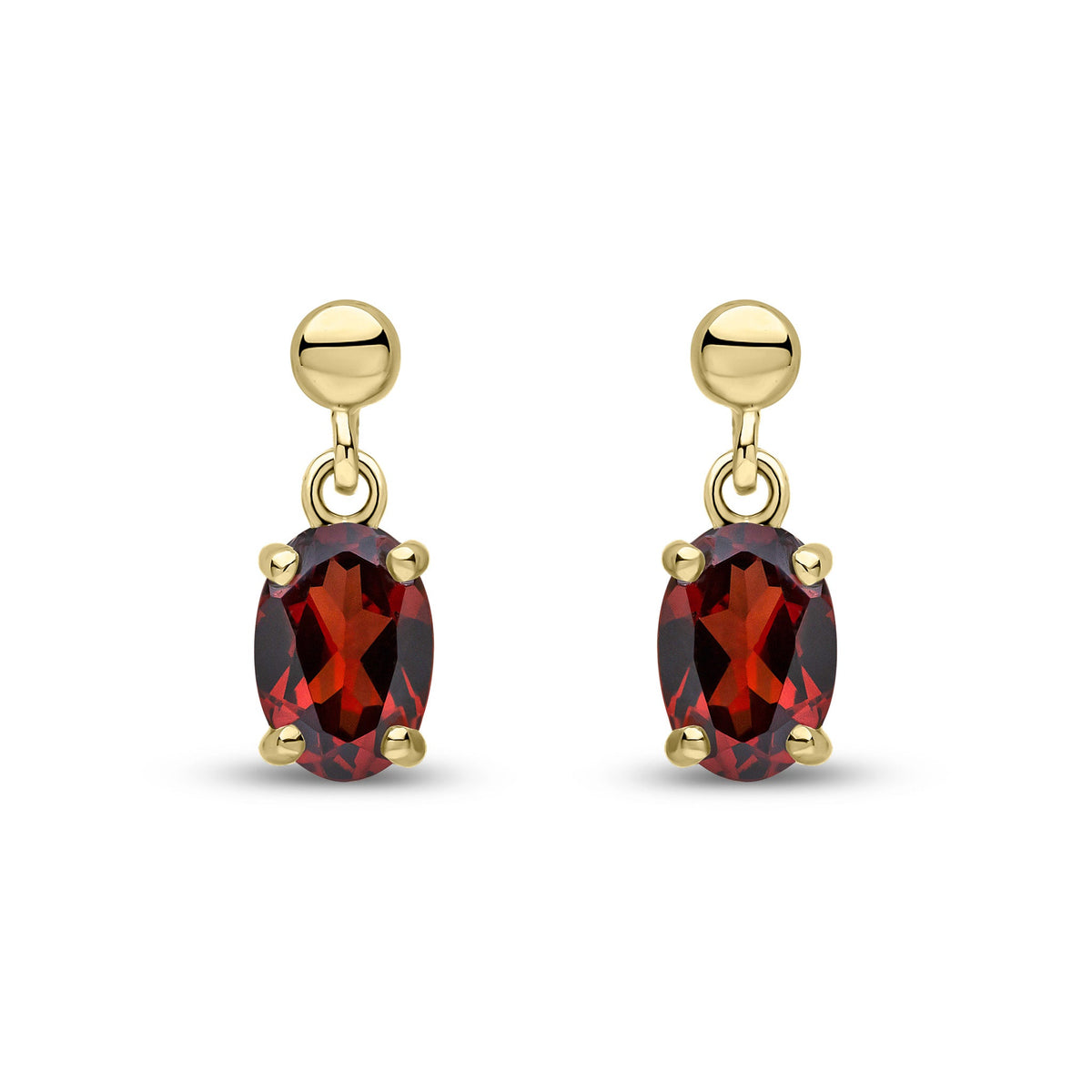 9ct Yellow Gold Oval Natural Garnet Claw Drop Earrings with Bead Top — 6x4mm