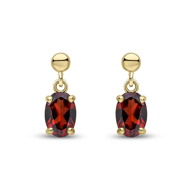 9ct Yellow Gold Oval Natural Garnet Claw Drop Earrings with Bead Top — 6x4mm