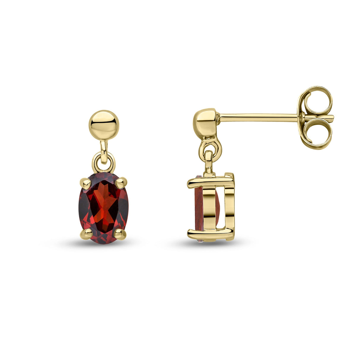 9ct Yellow Gold Oval Natural Garnet Claw Drop Earrings with Bead Top — 6x4mm