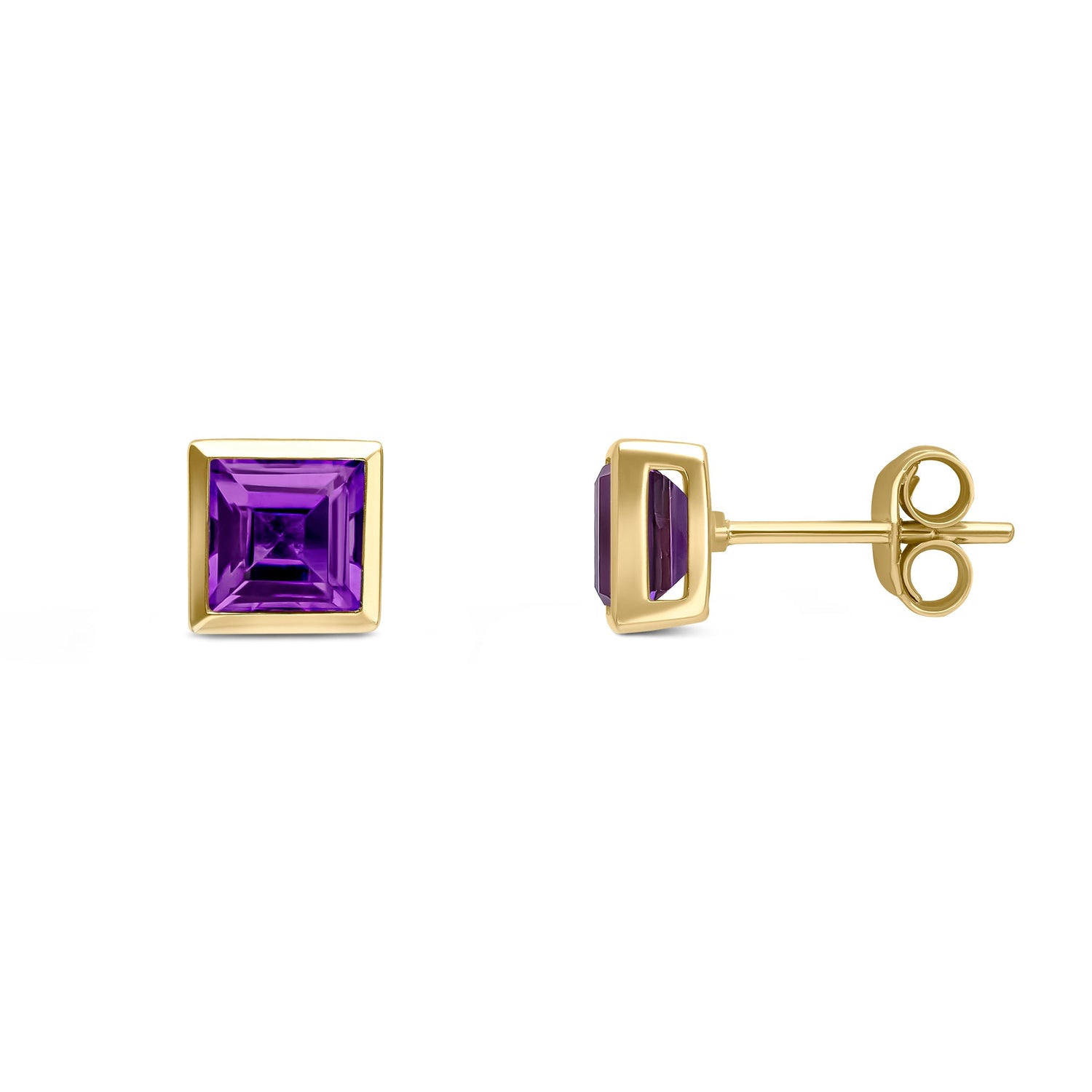 9ct Yellow Gold Square Cut Natural Amethyst Rubover Stud Earrings — 5mm