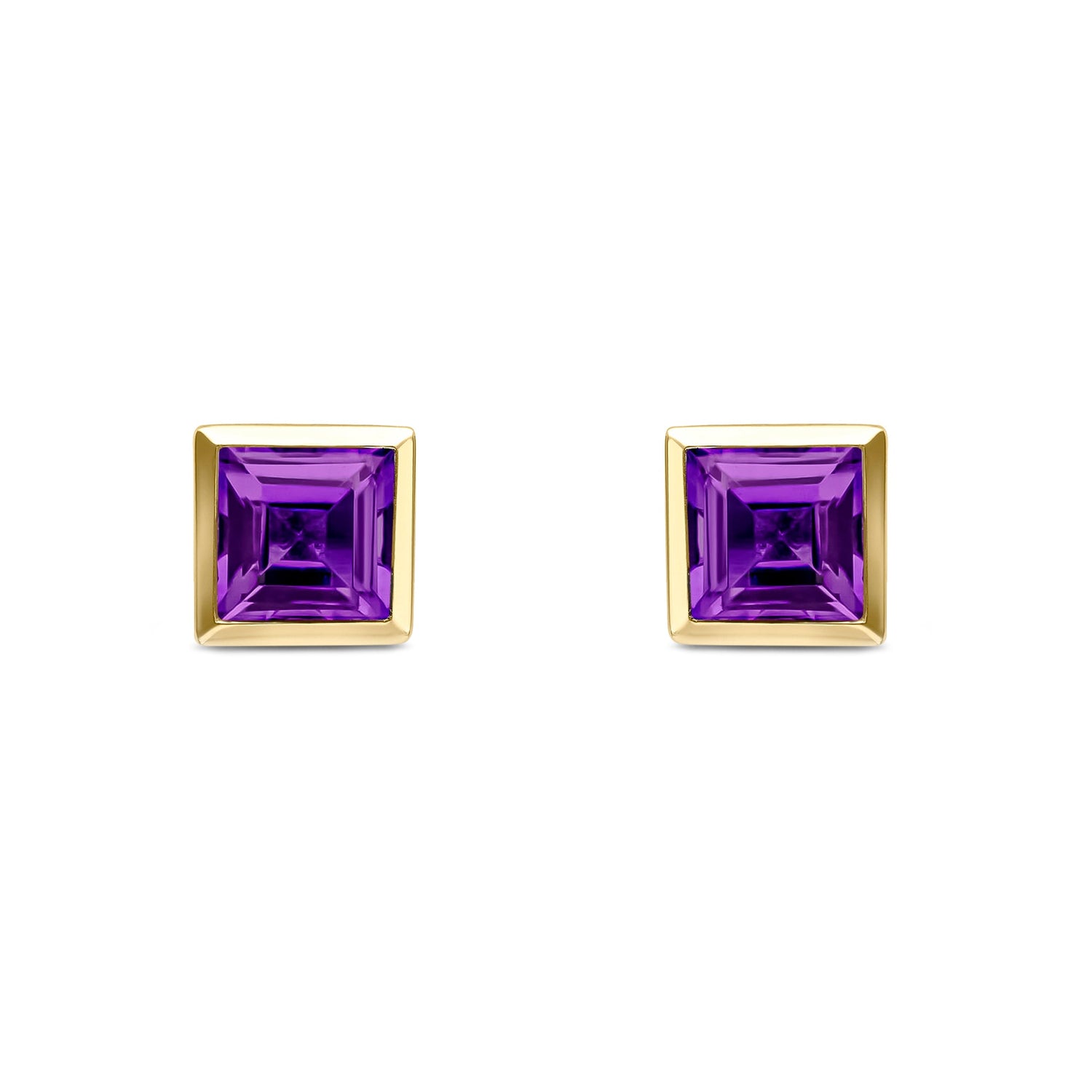 9ct Yellow Gold Square Cut Natural Amethyst Rubover Stud Earrings — 5mm