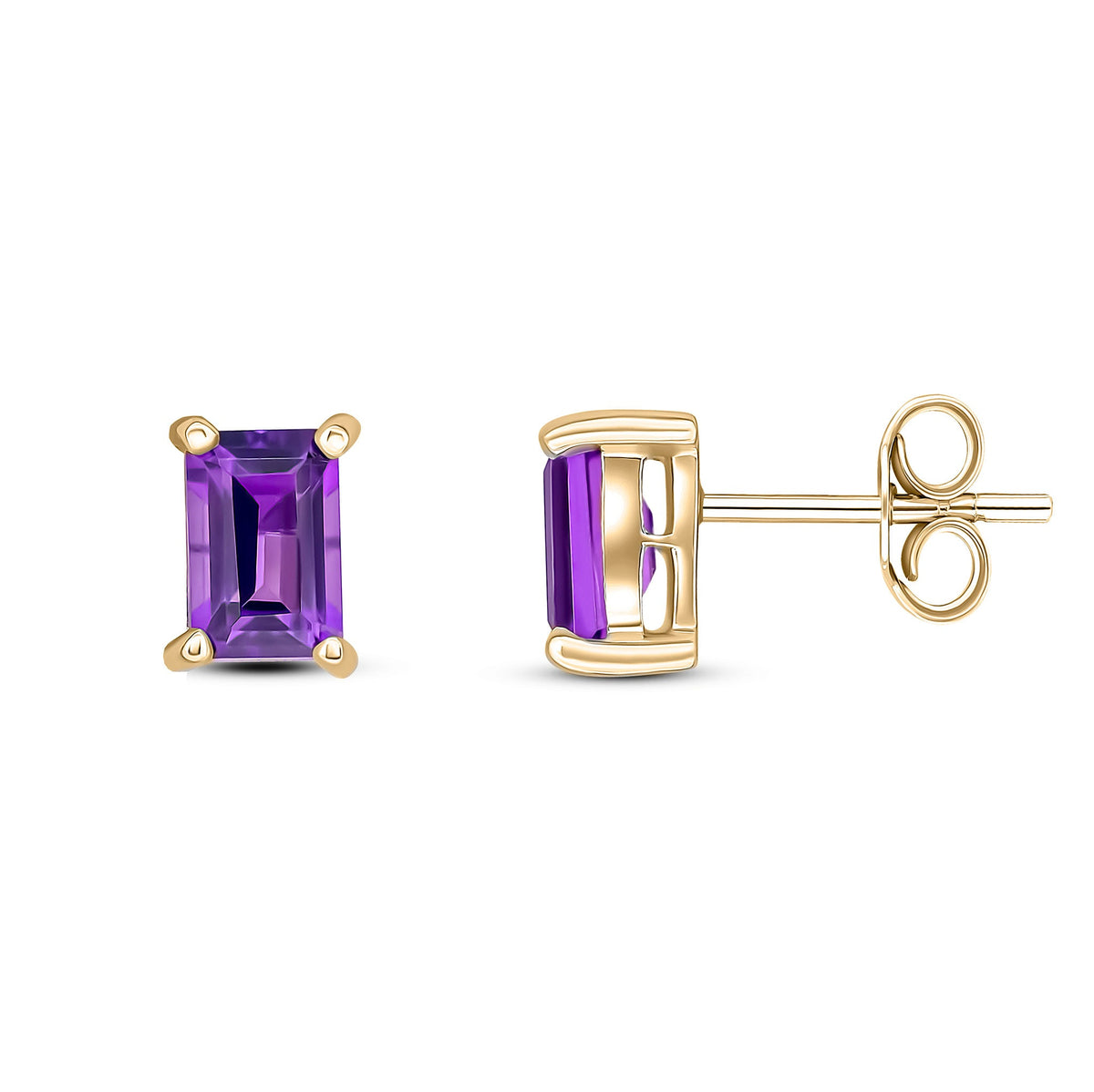 9ct Yellow Gold Octagonal Emerald Cut Natural Amethyst Claw Stud Earrings — 6x4mm