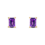 9ct Yellow Gold Octagonal Emerald Cut Natural Amethyst Claw Stud Earrings — 6x4mm