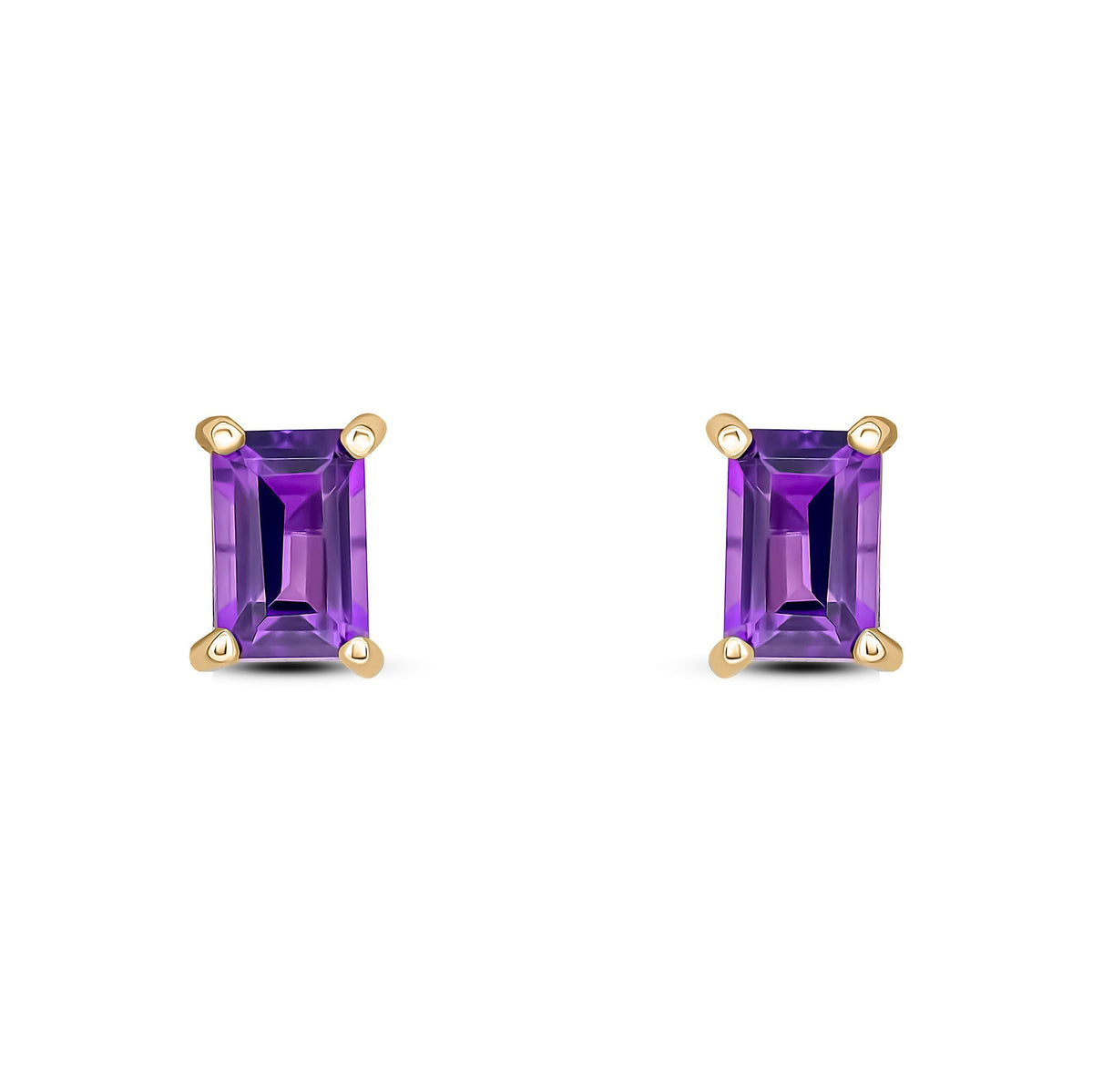 9ct Yellow Gold Octagonal Emerald Cut Natural Amethyst Claw Stud Earrings — 6x4mm