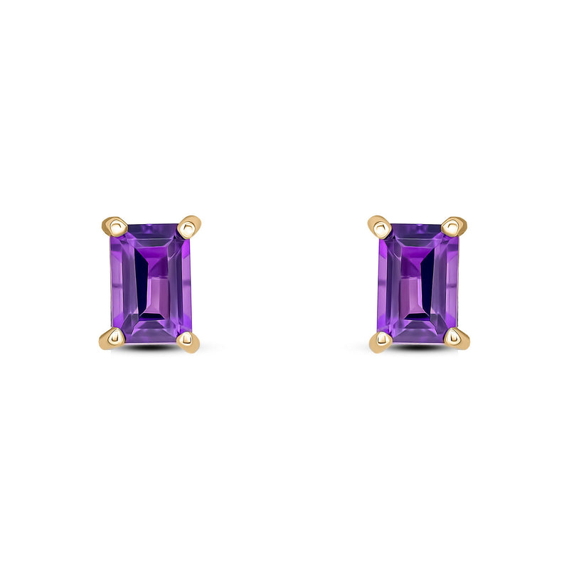 9ct Yellow Gold Octagonal Emerald Cut Natural Amethyst Claw Stud Earrings — 6x4mm