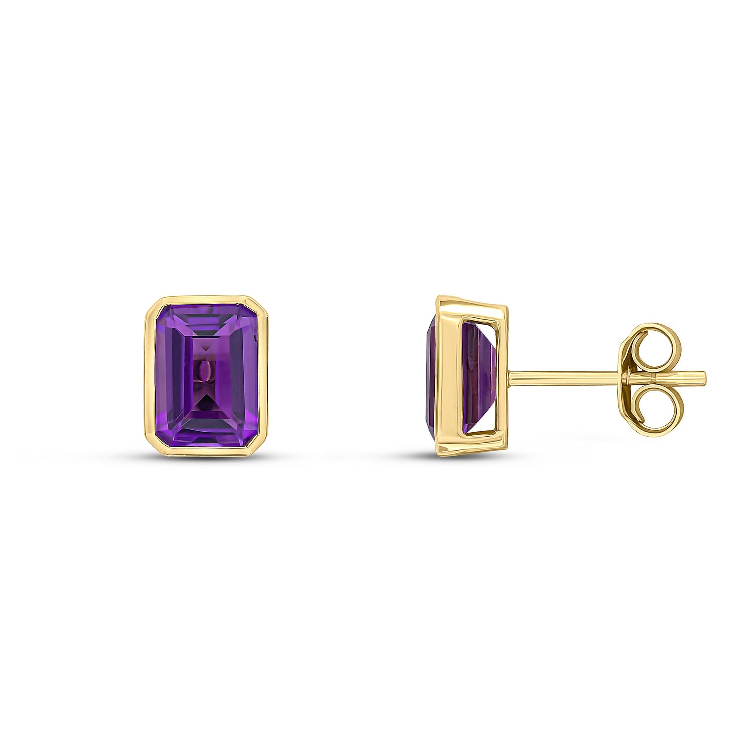 9ct Yellow Gold Octagonal Emerald Cut Natural Amethyst Rubover Stud Earrings — 7x5mm