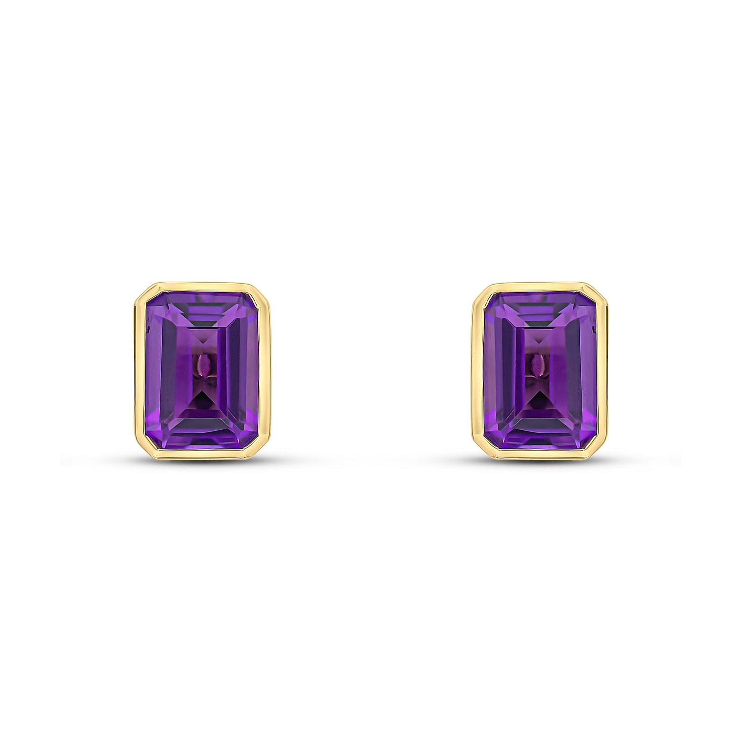9ct Yellow Gold Octagonal Emerald Cut Natural Amethyst Rubover Stud Earrings — 7x5mm