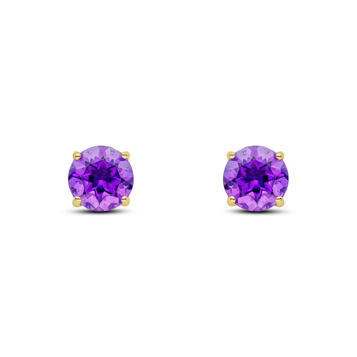 9ct Yellow Gold Round Natural Amethyst Claw Stud Earrings — 7mm