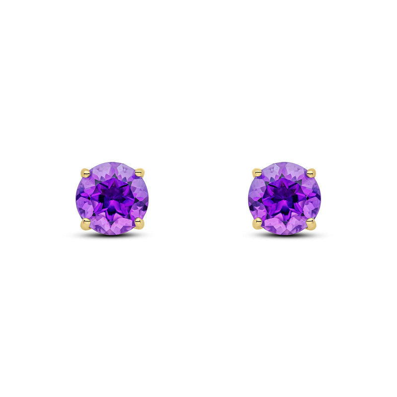 9ct Yellow Gold Round Natural Amethyst Claw Stud Earrings — 7mm