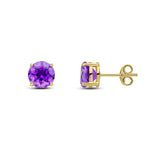 9ct Yellow Gold Round Natural Amethyst Claw Stud Earrings — 7mm