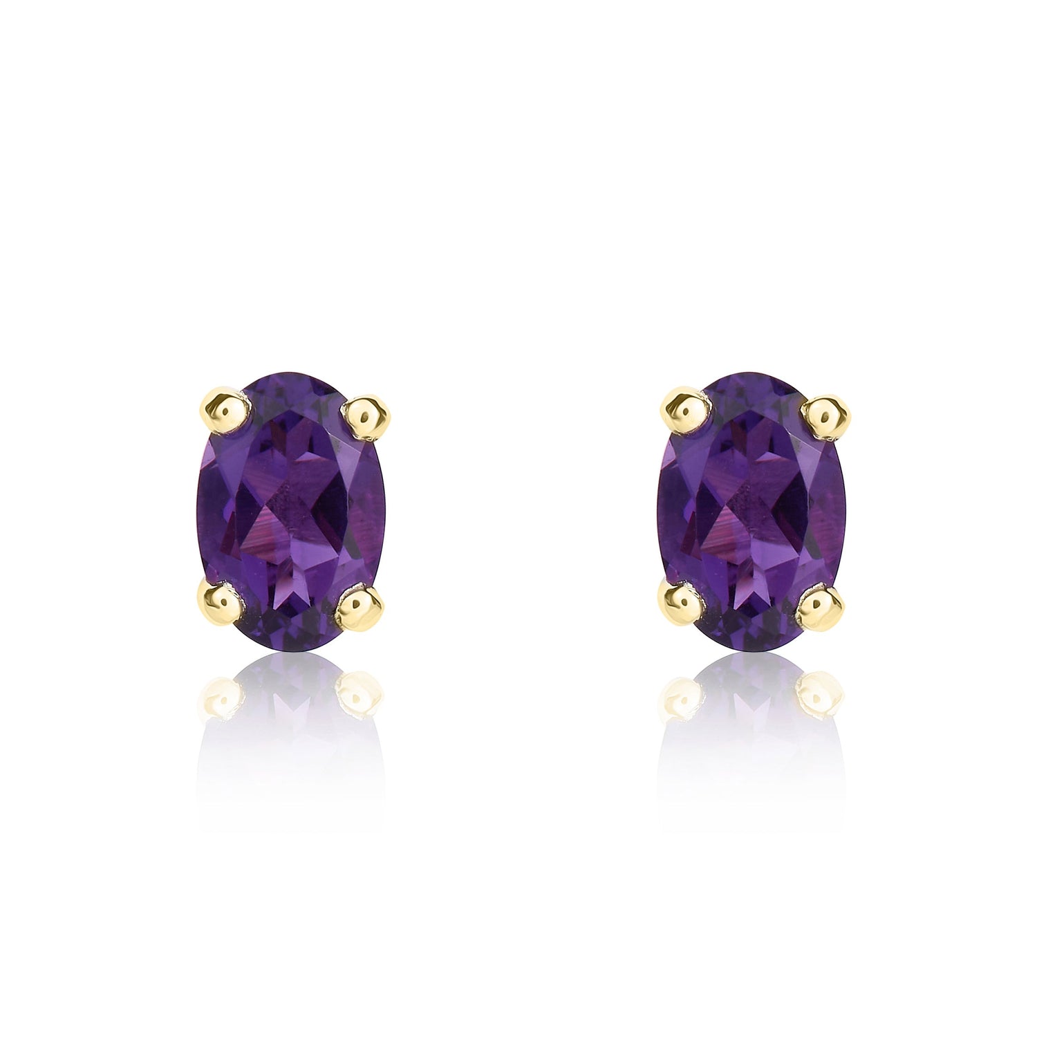 9ct Yellow Gold Oval Natural Amethyst Claw Stud Earrings — 6x4mm