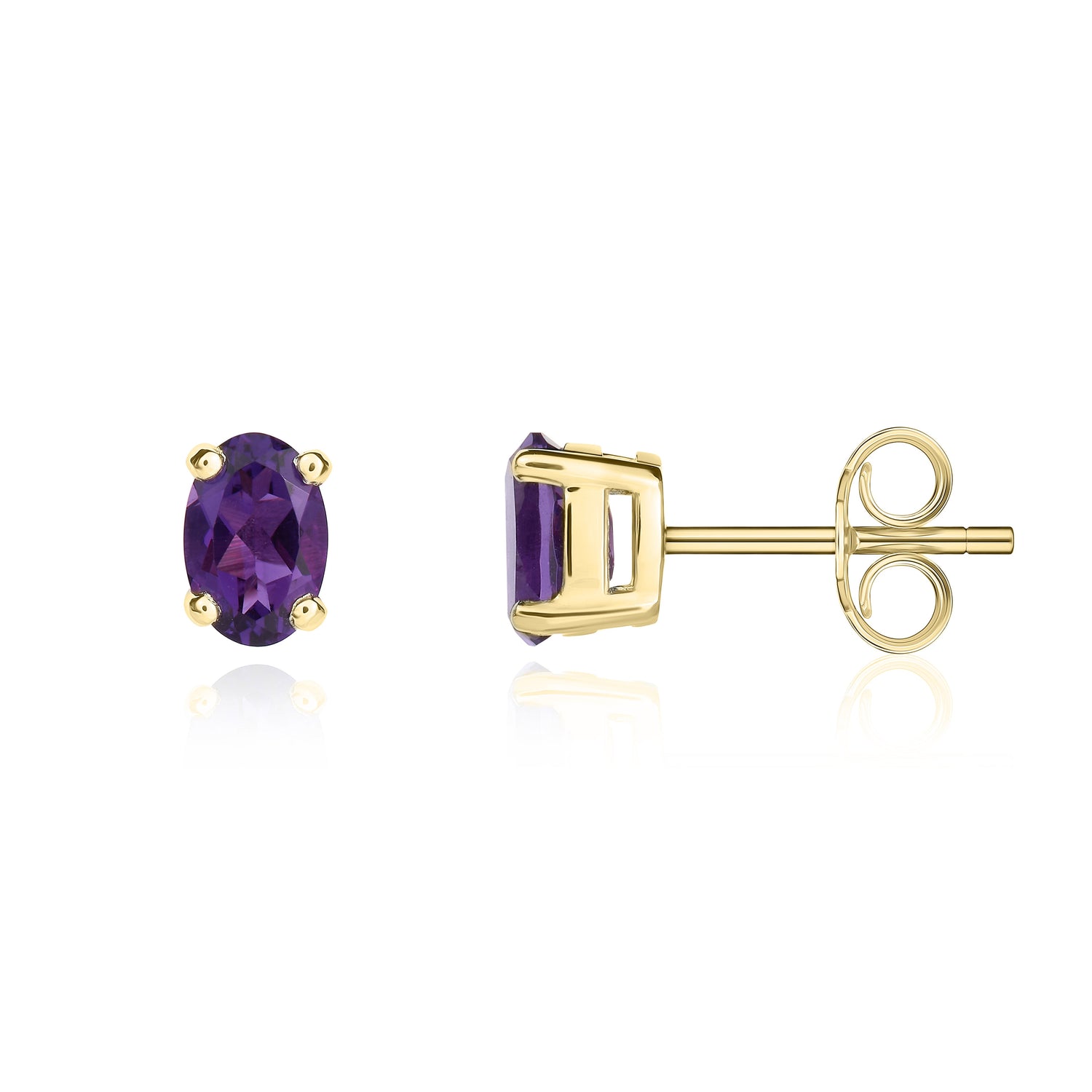 9ct Yellow Gold Oval Natural Amethyst Claw Stud Earrings — 6x4mm