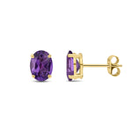 9ct Yellow Gold Oval Natural Amethyst Claw Stud Earrings — 8x6mm